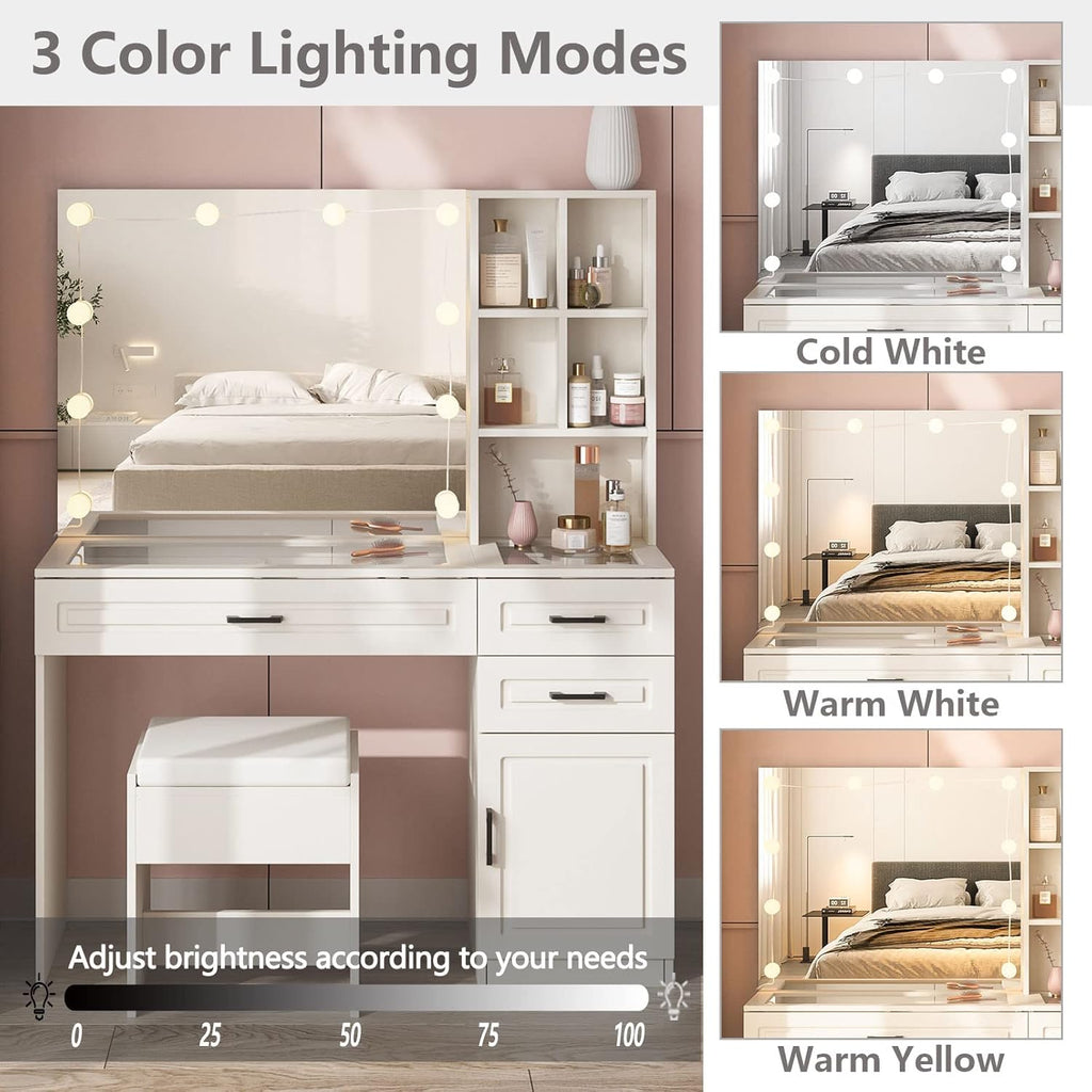 Makeup Vanity Desk with Lighted Mirror and Glass Top, White Vanity Table Set with 3 Drawers, 3 Lighting Colors, Large Dressing Table 45 In(L)