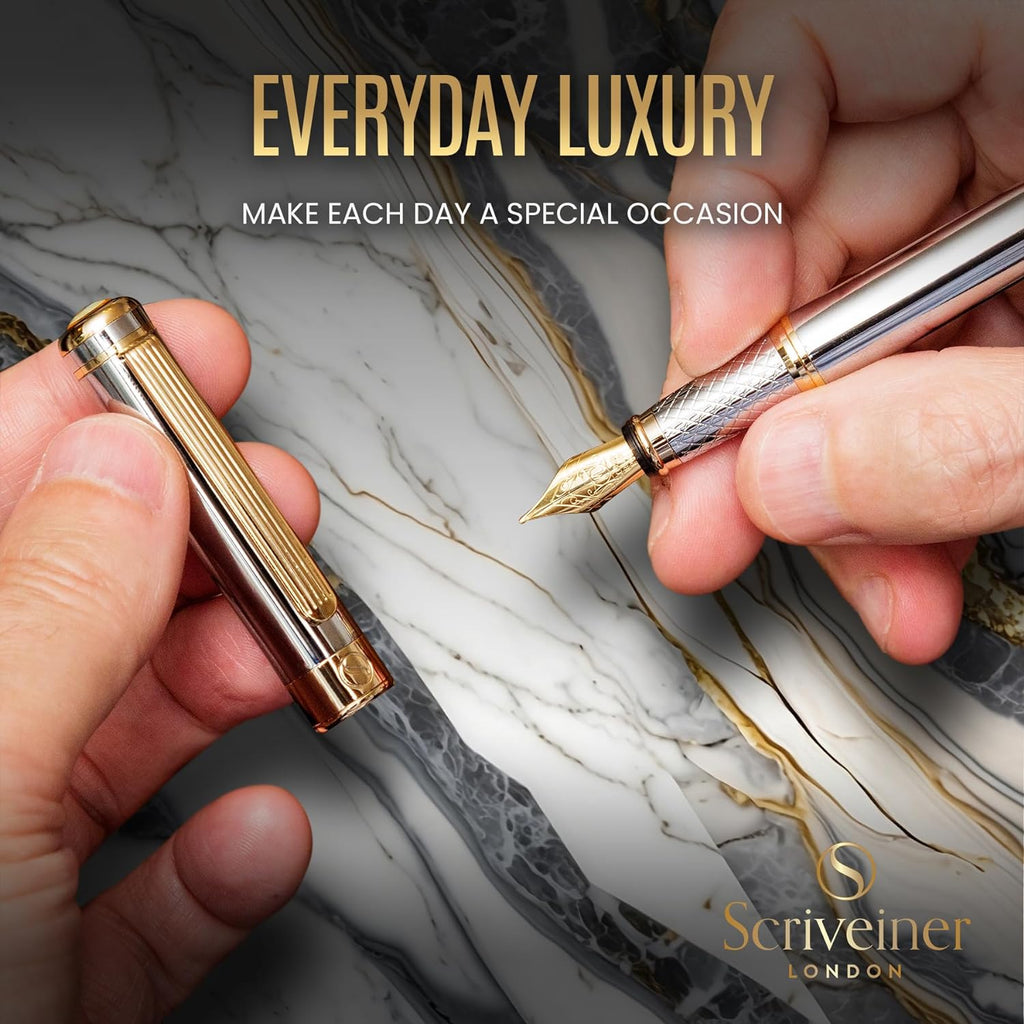 Silver Chrome Fountain Pen - Stunning Luxury Pen, Real Gold Plating, Schmidt Gilded Nib (Medium), Best Pen Gift Set for Men & Women, Professional, Executive Office, Nice Designer Pens