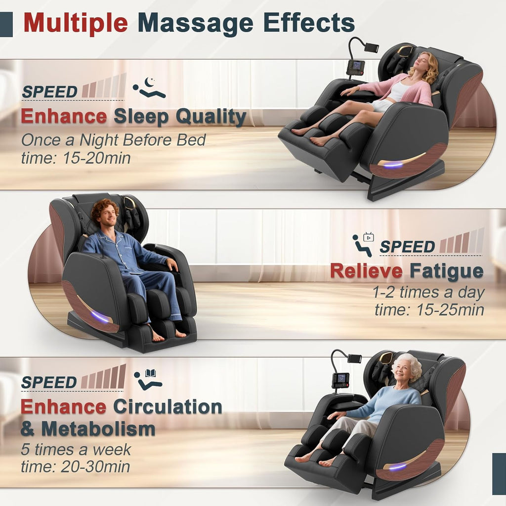 Massage Chair, Zero Gravity Massage Chair Full Body with 14 Fixed Rollers, Back, Waist & Foot Massage, 8 Airbags, Heating, Bluetooth and Control Screen, Wood Grain Leather