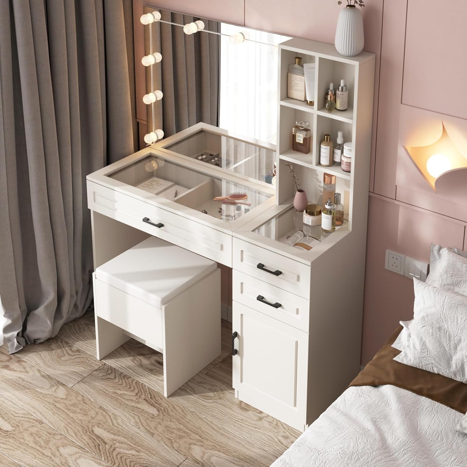 Makeup Vanity Desk with Lighted Mirror and Glass Top, White Vanity Table Set with 3 Drawers, 3 Lighting Colors, Large Dressing Table 45 In(L)