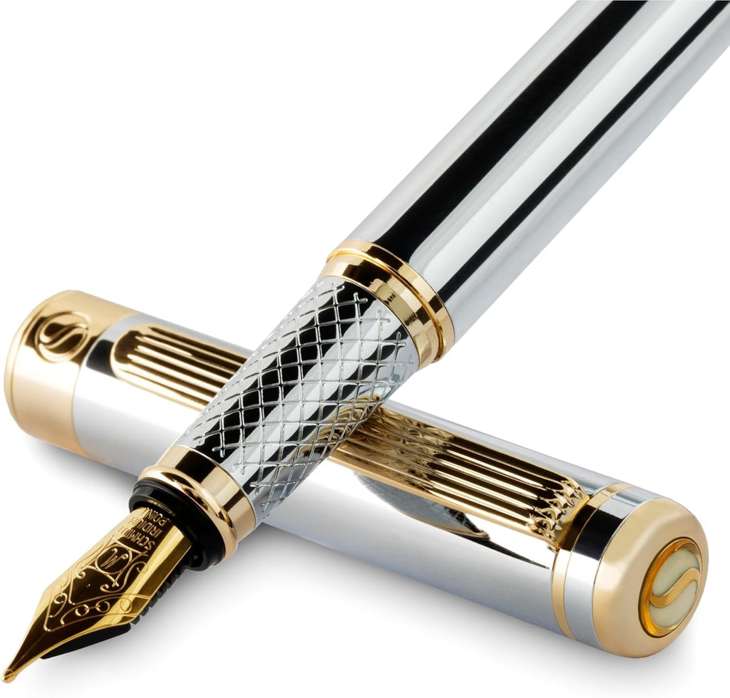 Silver Chrome Fountain Pen - Stunning Luxury Pen, Real Gold Plating, Schmidt Gilded Nib (Medium), Best Pen Gift Set for Men & Women, Professional, Executive Office, Nice Designer Pens