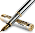 Silver Chrome Fountain Pen - Stunning Luxury Pen, Real Gold Plating, Schmidt Gilded Nib (Medium), Best Pen Gift Set for Men & Women, Professional, Executive Office, Nice Designer Pens
