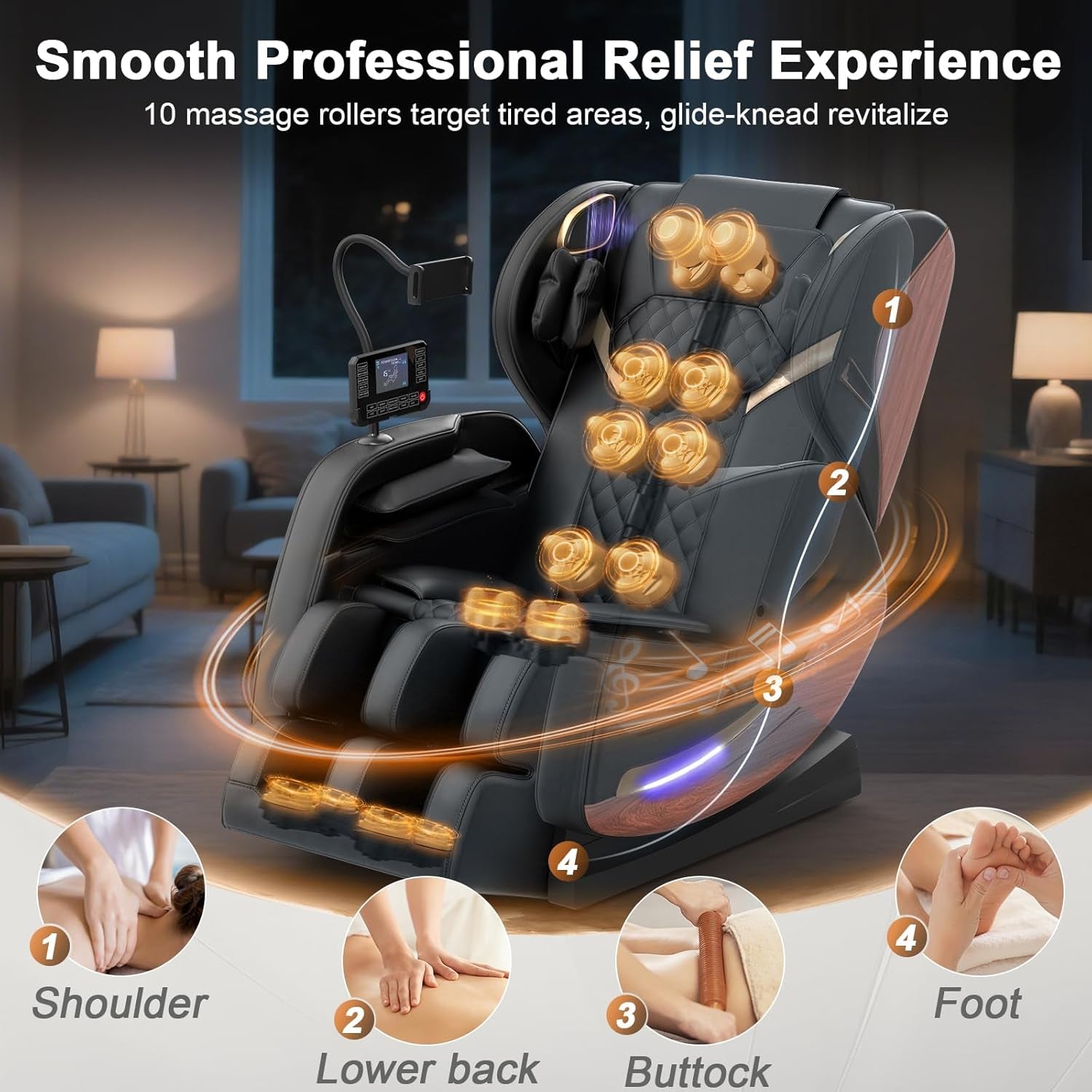 Massage Chair, Zero Gravity Massage Chair Full Body with 14 Fixed Rollers, Back, Waist & Foot Massage, 8 Airbags, Heating, Bluetooth and Control Screen, Wood Grain Leather
