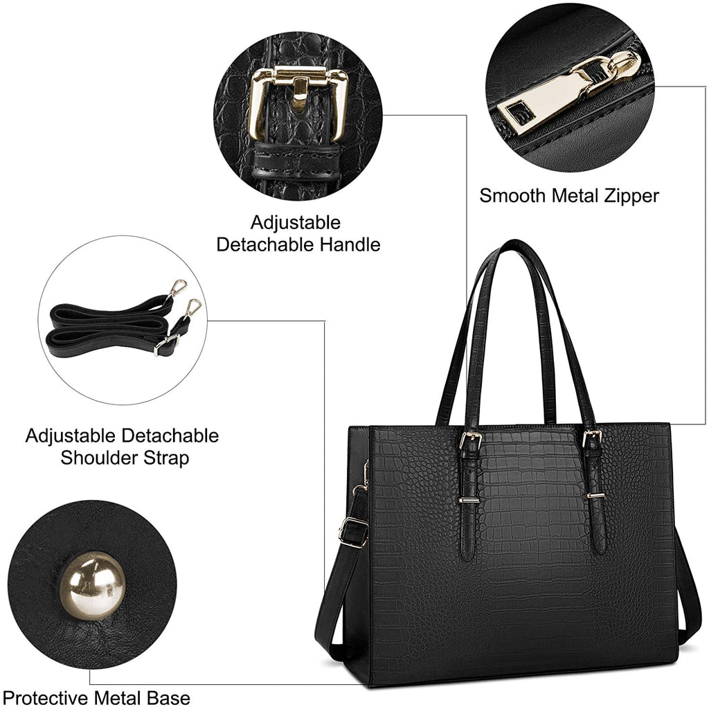 Laptop Bags for Women Tote Bag 15.6 Inch Leather Large Ladies Handbag Work Bag Designer Business Shoulder Shopping Office Bag Black