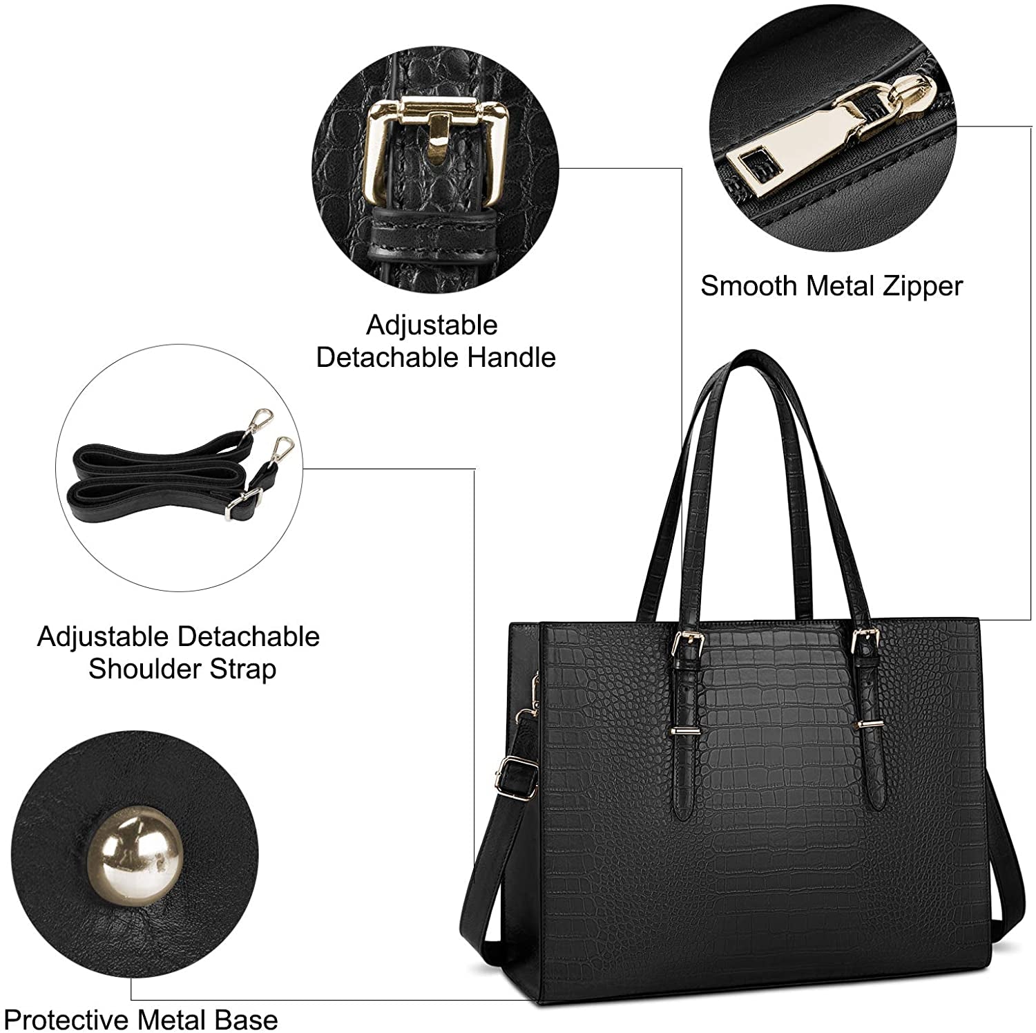 Laptop Bags for Women Tote Bag 15.6 Inch Leather Large Ladies Handbag Work Bag Designer Business Shoulder Shopping Office Bag Black