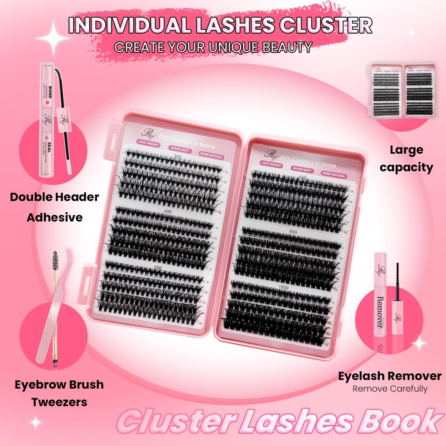 Cluster Lashes Kit 30D-100D 590Pcs Thick Individual Cluster Lashes Book with Eyelash Glue & Seal D Curl Natural Fluffy DIY Lash Extensions for Beginners(30+40+50+60+80+100D Kit)