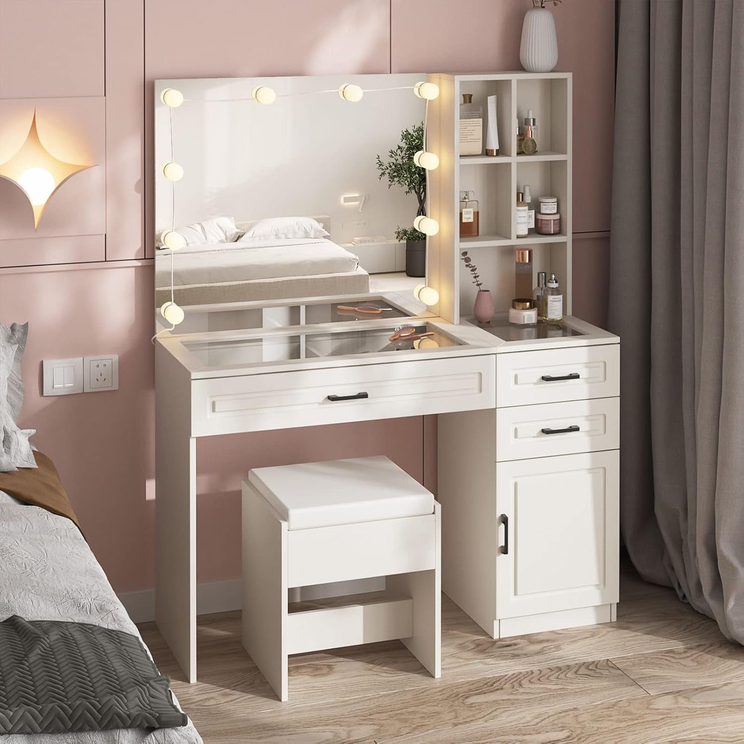 Makeup Vanity Desk with Lighted Mirror and Glass Top, White Vanity Table Set with 3 Drawers, 3 Lighting Colors, Large Dressing Table 45 In(L)