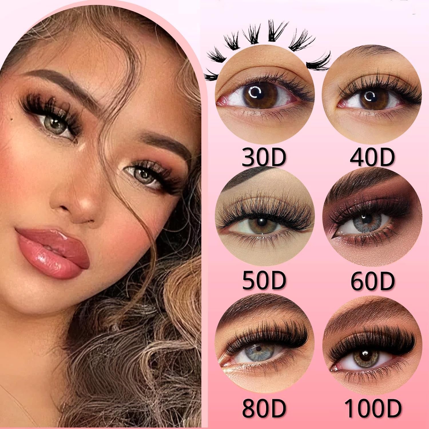 Cluster Lashes Kit 30D-100D 590Pcs Thick Individual Cluster Lashes Book with Eyelash Glue & Seal D Curl Natural Fluffy DIY Lash Extensions for Beginners(30+40+50+60+80+100D Kit)