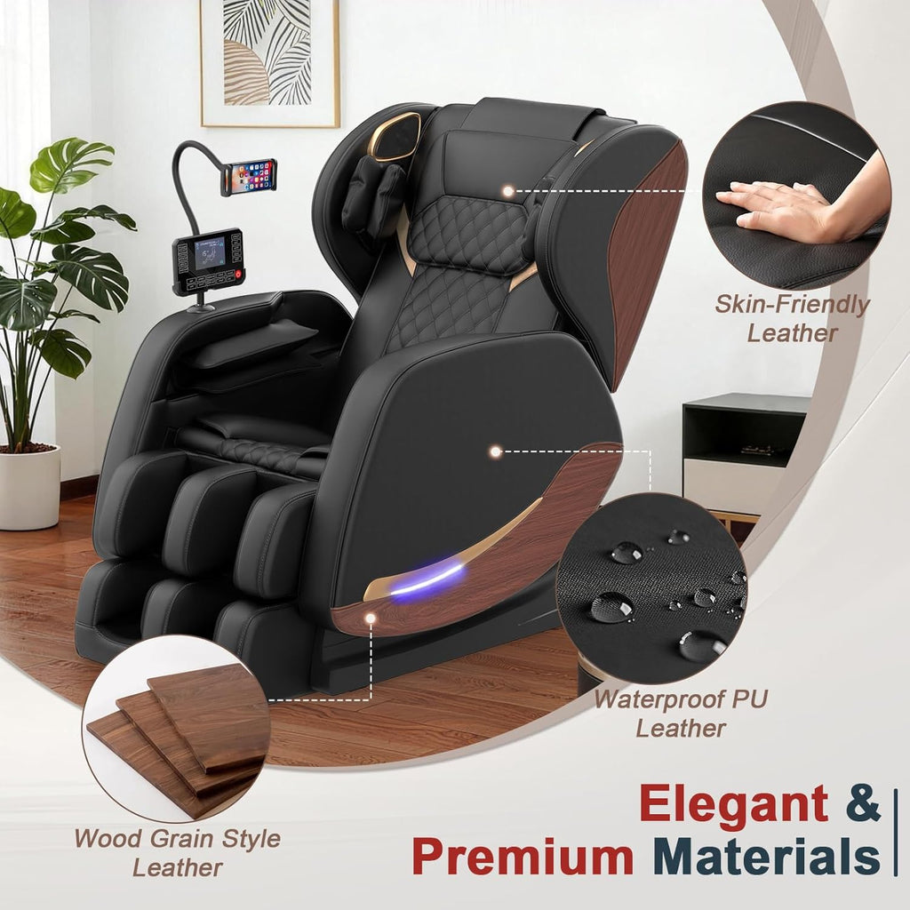 Massage Chair, Zero Gravity Massage Chair Full Body with 14 Fixed Rollers, Back, Waist & Foot Massage, 8 Airbags, Heating, Bluetooth and Control Screen, Wood Grain Leather