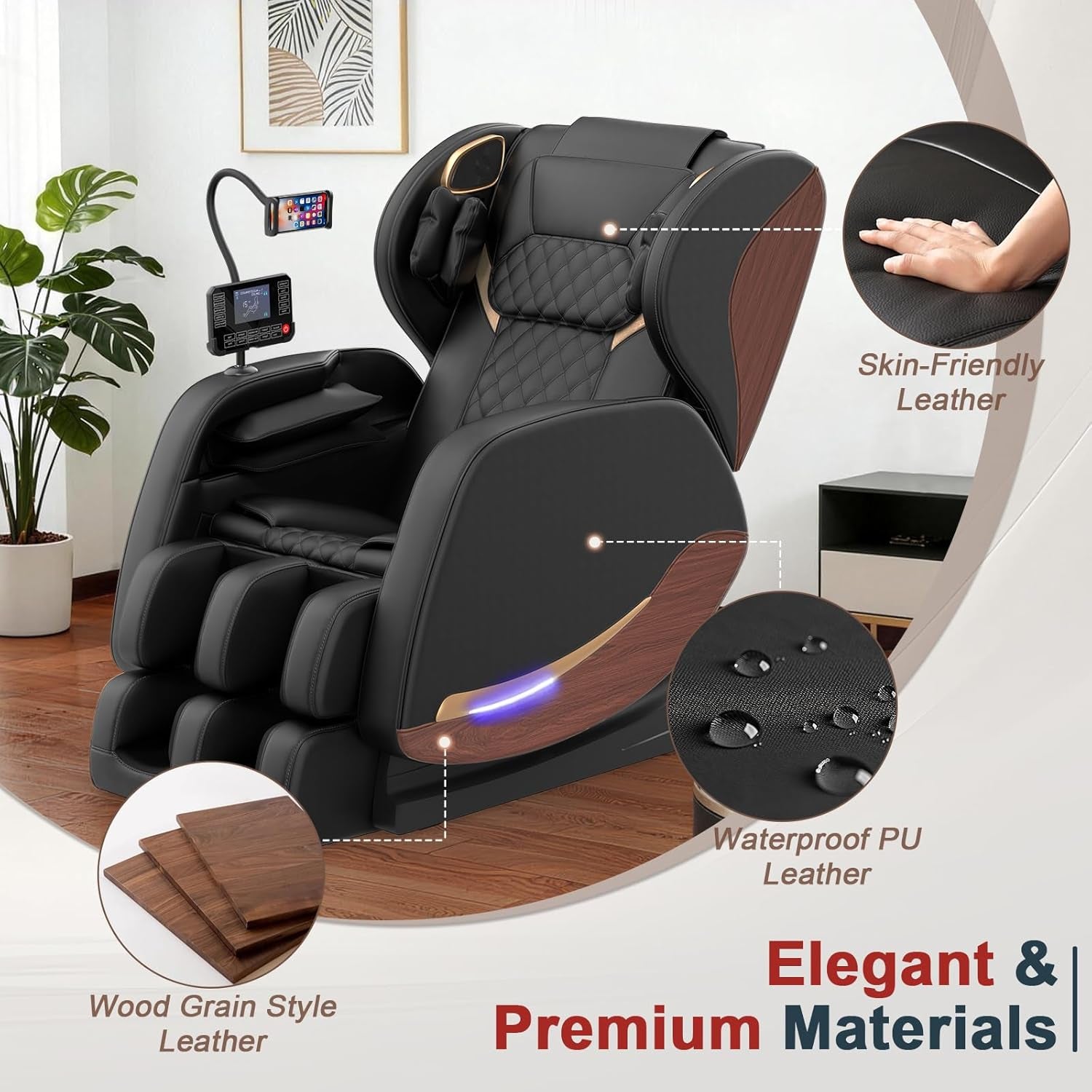 Massage Chair, Zero Gravity Massage Chair Full Body with 14 Fixed Rollers, Back, Waist & Foot Massage, 8 Airbags, Heating, Bluetooth and Control Screen, Wood Grain Leather