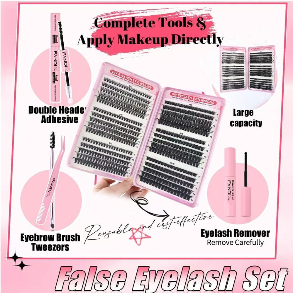 Cluster Lashes Kit with Lash Glue&Remover 40D+50D+60D+80D+100D+120D Fluffy Volume 560Pcs Individual Eyelashes Kit 8-16Mm DIY Eyelash Extension Kit D Curl Strip Eye Lashes Clusters(C04Kit)
