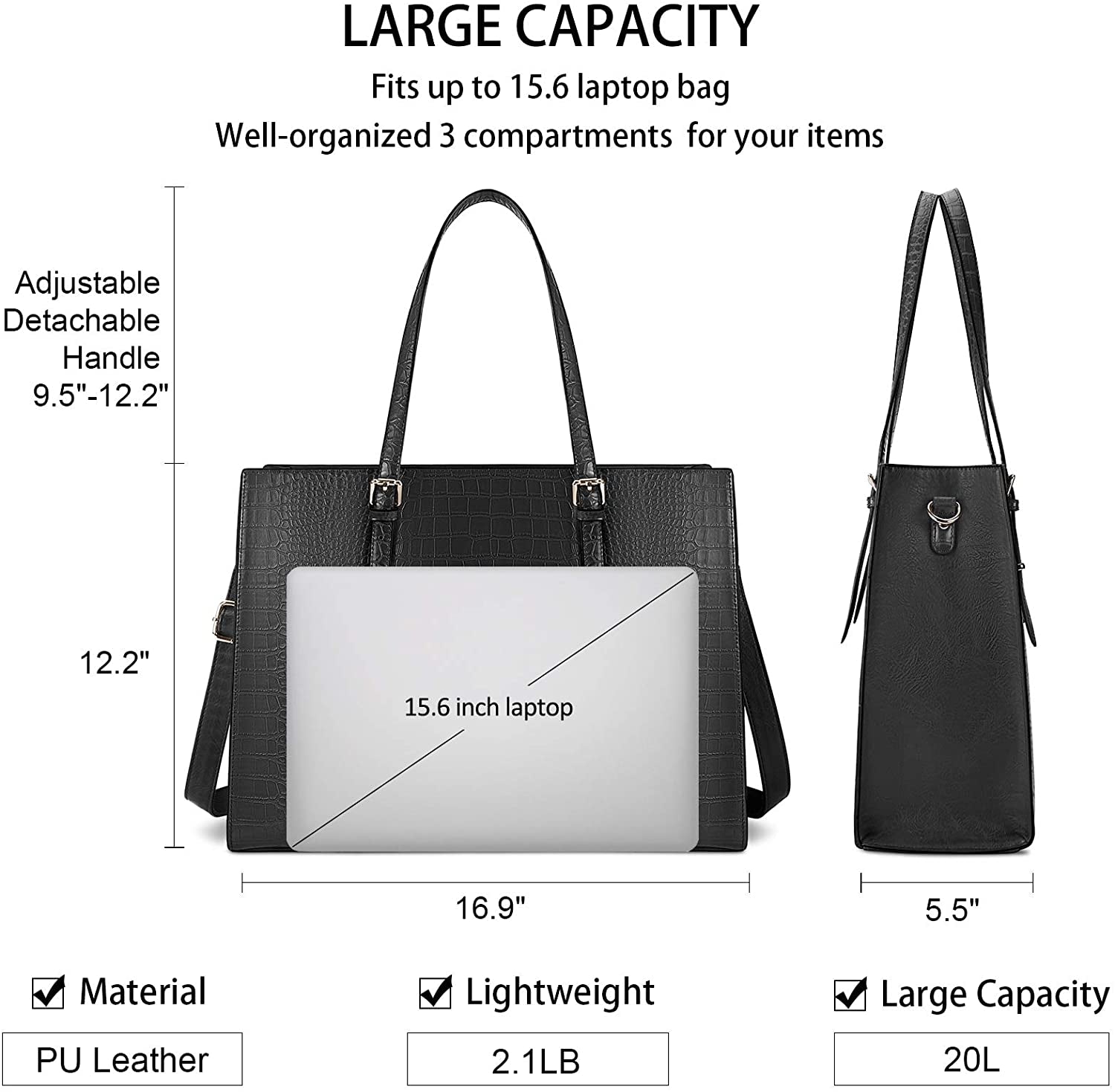 Laptop Bags for Women Tote Bag 15.6 Inch Leather Large Ladies Handbag Work Bag Designer Business Shoulder Shopping Office Bag Black