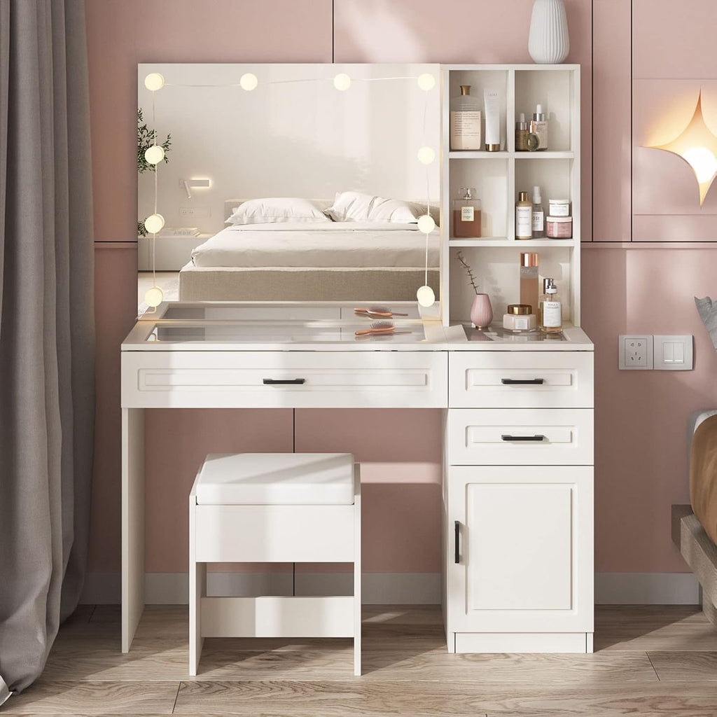 Makeup Vanity Desk with Lighted Mirror and Glass Top, White Vanity Table Set with 3 Drawers, 3 Lighting Colors, Large Dressing Table 45 In(L)