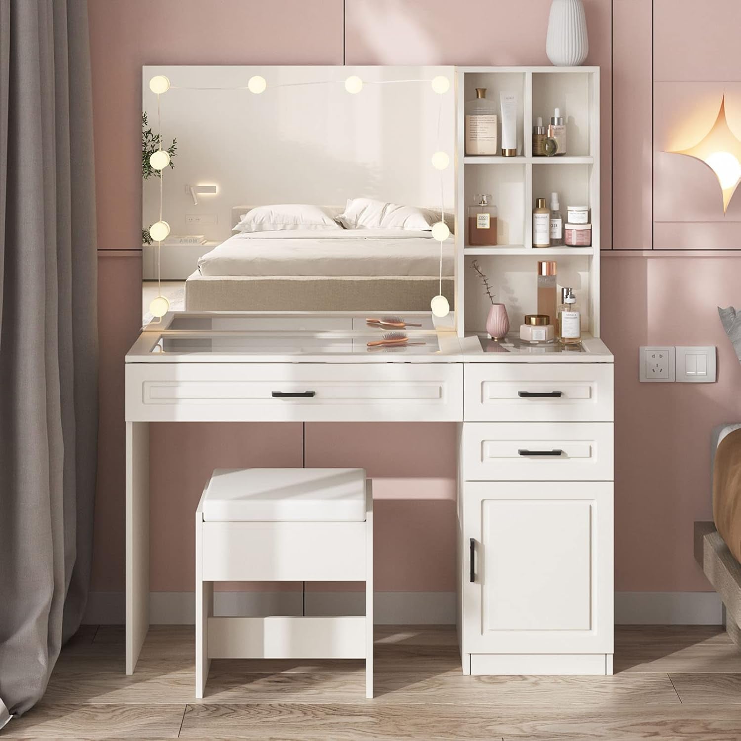 Makeup Vanity Desk with Lighted Mirror and Glass Top, White Vanity Table Set with 3 Drawers, 3 Lighting Colors, Large Dressing Table 45 In(L)