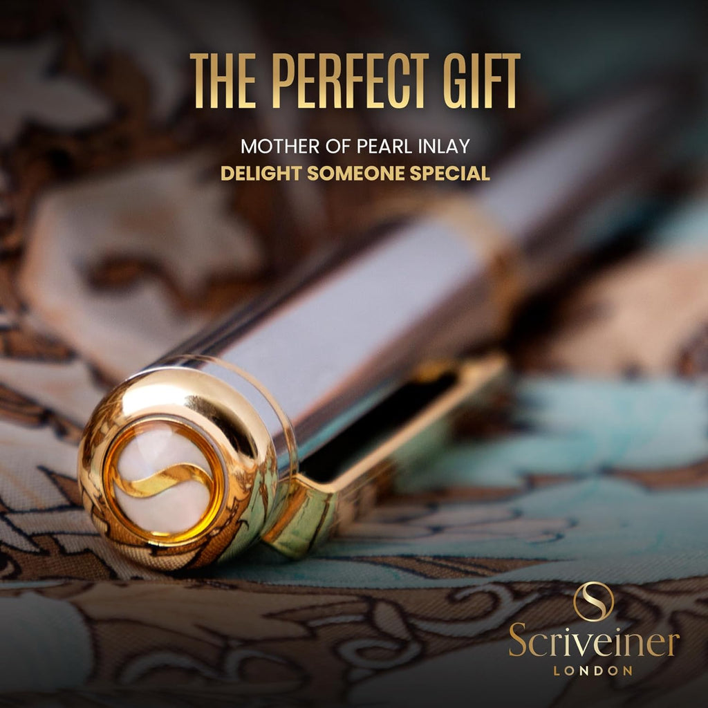 Silver Chrome Fountain Pen - Stunning Luxury Pen, Real Gold Plating, Schmidt Gilded Nib (Medium), Best Pen Gift Set for Men & Women, Professional, Executive Office, Nice Designer Pens