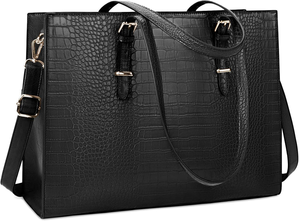 Laptop Bags for Women Tote Bag 15.6 Inch Leather Large Ladies Handbag Work Bag Designer Business Shoulder Shopping Office Bag Black