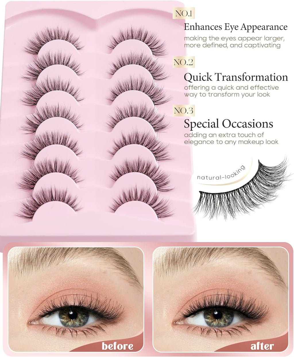 Natural Lashes Wispy Strip Eyelashes Natural Looking False Eye Lash Soft Flared Fake Eyelash Fluffy Thin Band Pack 7 Pairs D-K06