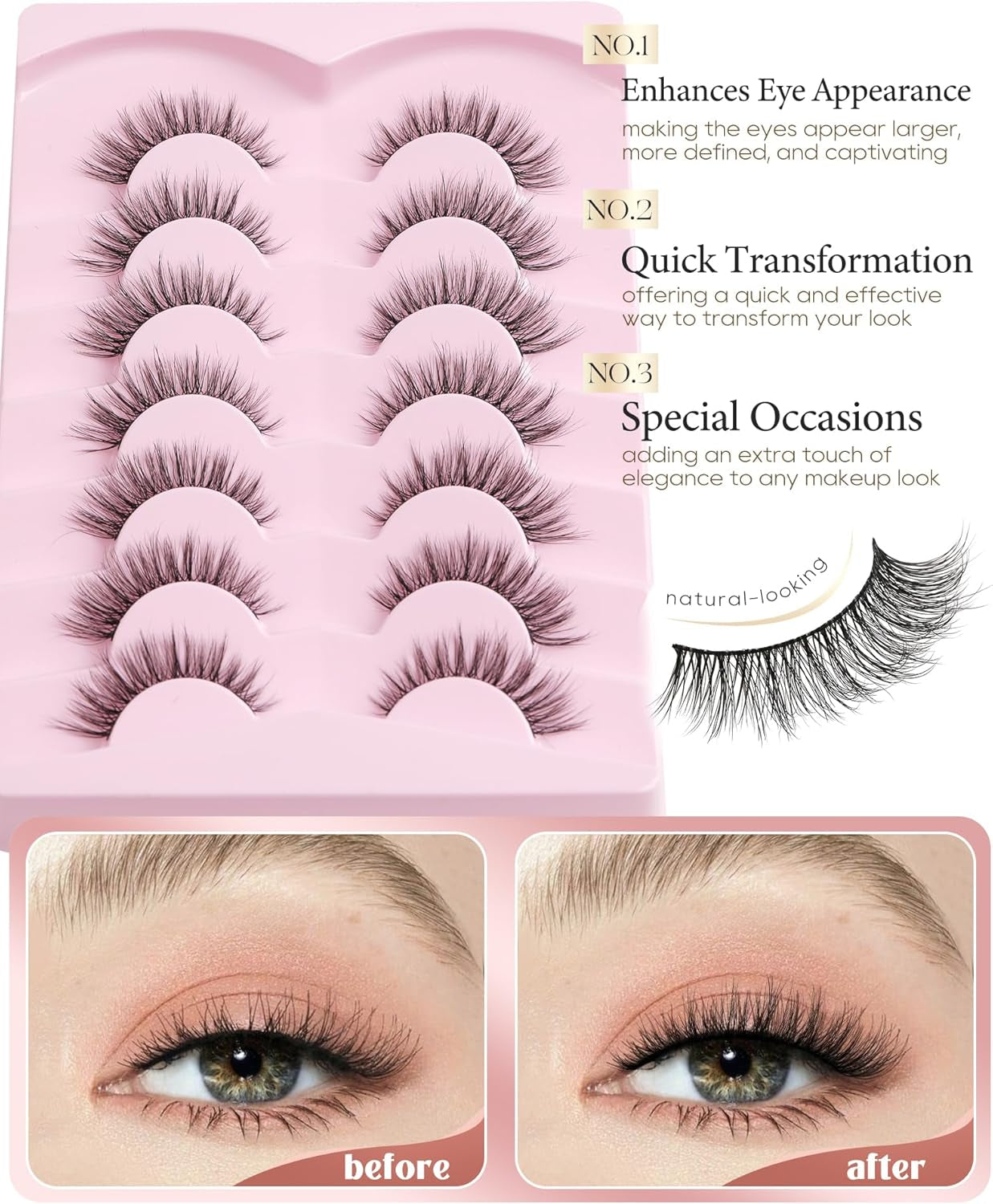 Natural Lashes Wispy Strip Eyelashes Natural Looking False Eye Lash Soft Flared Fake Eyelash Fluffy Thin Band Pack 7 Pairs D-K06