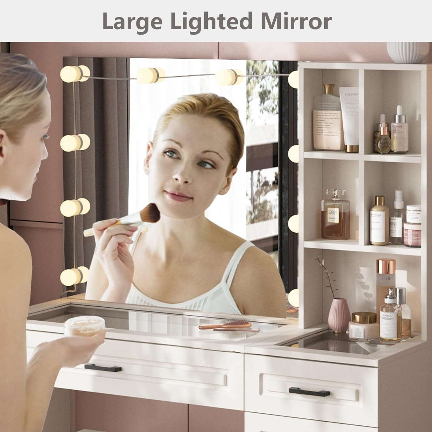 Makeup Vanity Desk with Lighted Mirror and Glass Top, White Vanity Table Set with 3 Drawers, 3 Lighting Colors, Large Dressing Table 45 In(L)