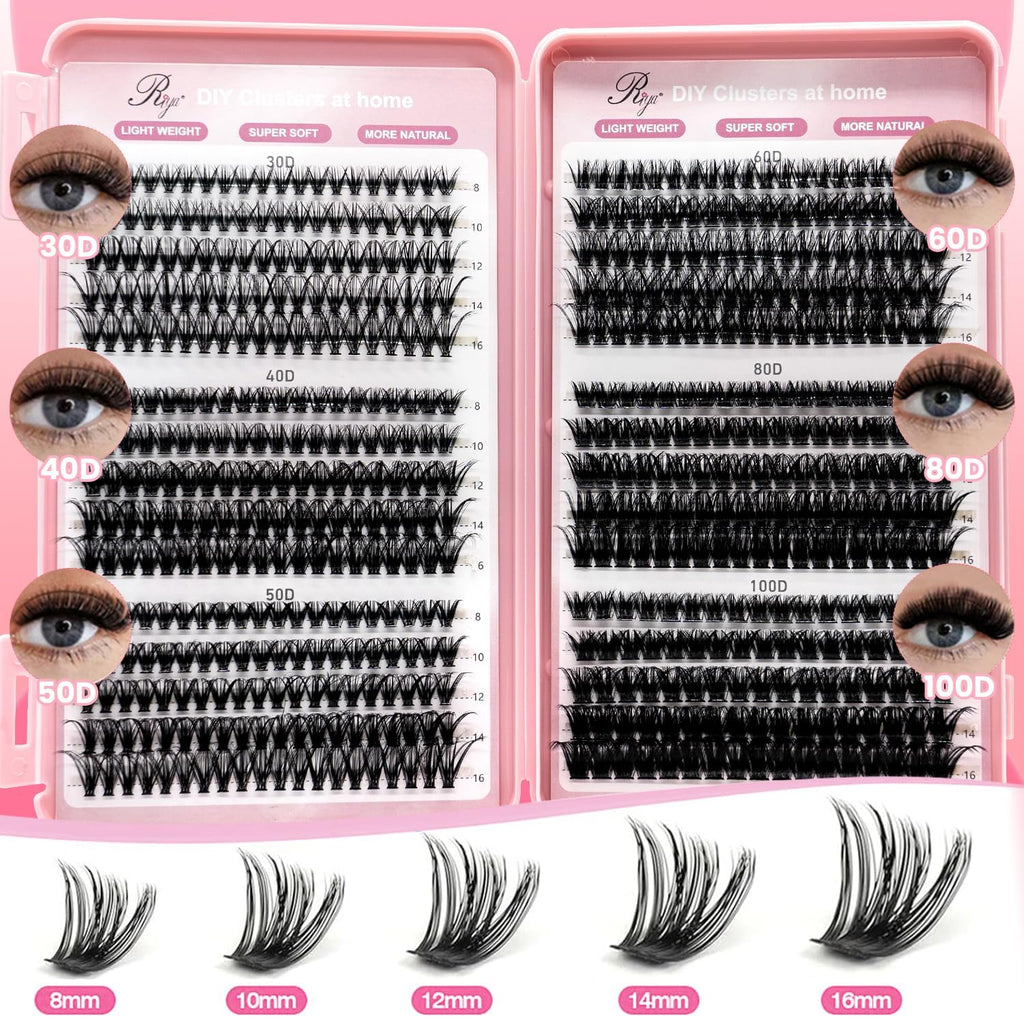 Cluster Lashes Kit 30D-100D 590Pcs Thick Individual Cluster Lashes Book with Eyelash Glue & Seal D Curl Natural Fluffy DIY Lash Extensions for Beginners(30+40+50+60+80+100D Kit)