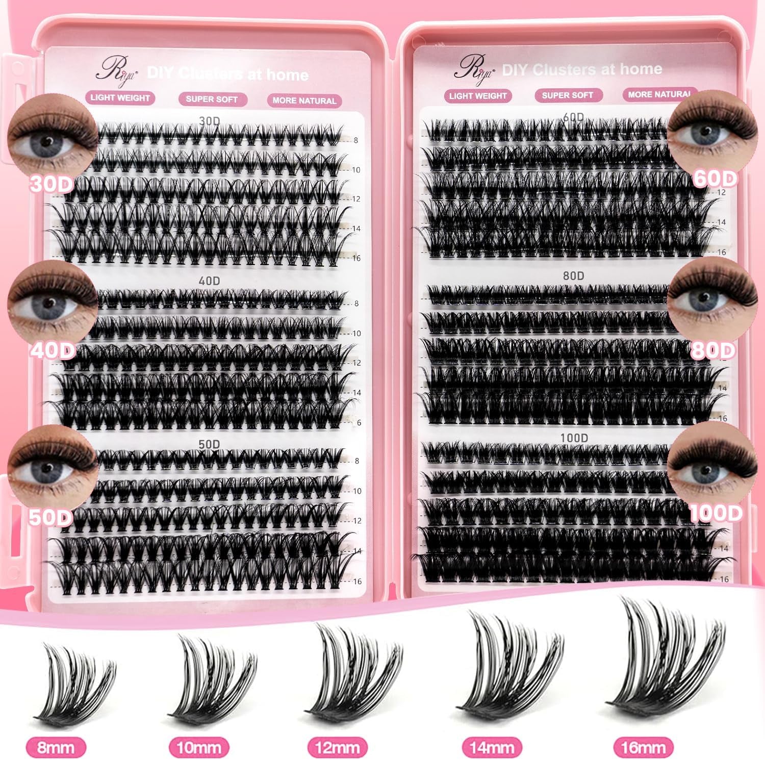 Cluster Lashes Kit 30D-100D 590Pcs Thick Individual Cluster Lashes Book with Eyelash Glue & Seal D Curl Natural Fluffy DIY Lash Extensions for Beginners(30+40+50+60+80+100D Kit)