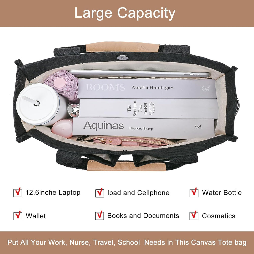 Canvas Tote Bag for Women Crossbody Work Purse with Pockets Top Handle Handbag Satchel Bags for Travel Nurse Teacher