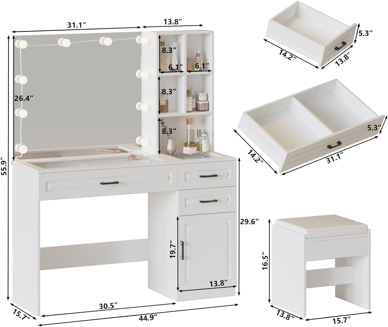 Makeup Vanity Desk with Lighted Mirror and Glass Top, White Vanity Table Set with 3 Drawers, 3 Lighting Colors, Large Dressing Table 45 In(L)