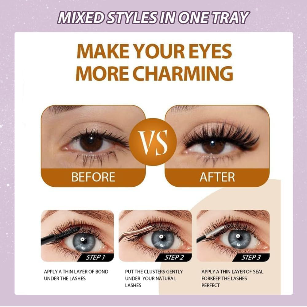 Cluster Lashes Kit with Lash Glue&Remover 40D+50D+60D+80D+100D+120D Fluffy Volume 560Pcs Individual Eyelashes Kit 8-16Mm DIY Eyelash Extension Kit D Curl Strip Eye Lashes Clusters(C04Kit)