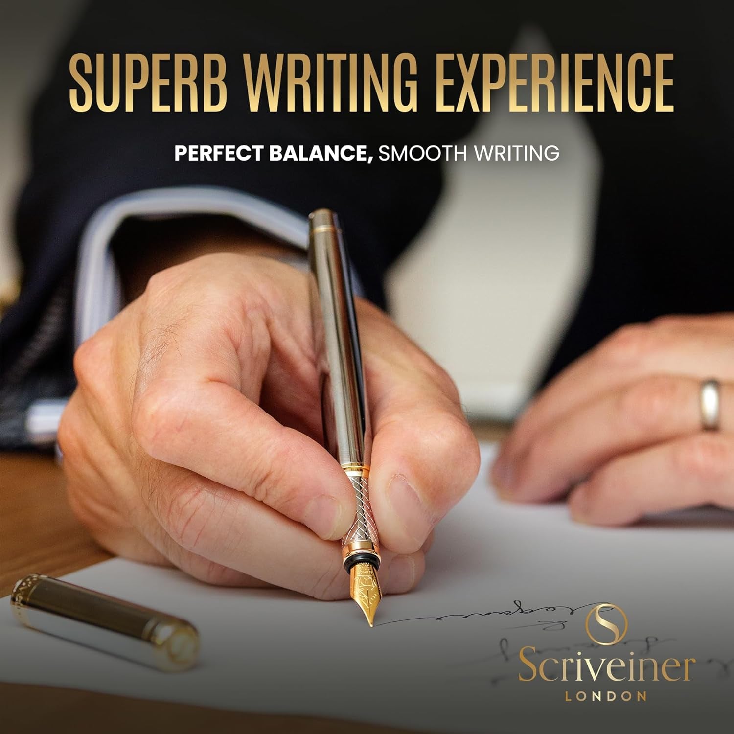 Silver Chrome Fountain Pen - Stunning Luxury Pen, Real Gold Plating, Schmidt Gilded Nib (Medium), Best Pen Gift Set for Men & Women, Professional, Executive Office, Nice Designer Pens