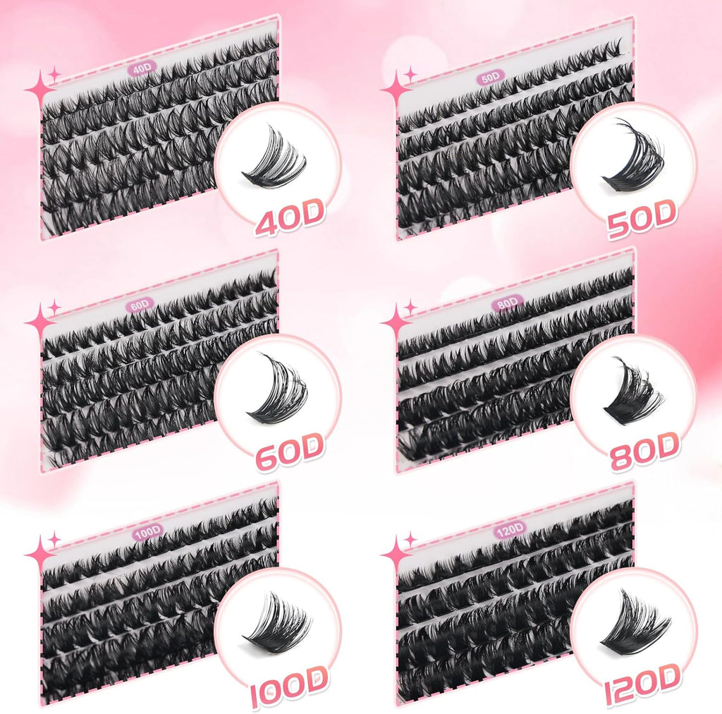 Cluster Lashes Kit with Lash Glue&Remover 40D+50D+60D+80D+100D+120D Fluffy Volume 560Pcs Individual Eyelashes Kit 8-16Mm DIY Eyelash Extension Kit D Curl Strip Eye Lashes Clusters(C04Kit)
