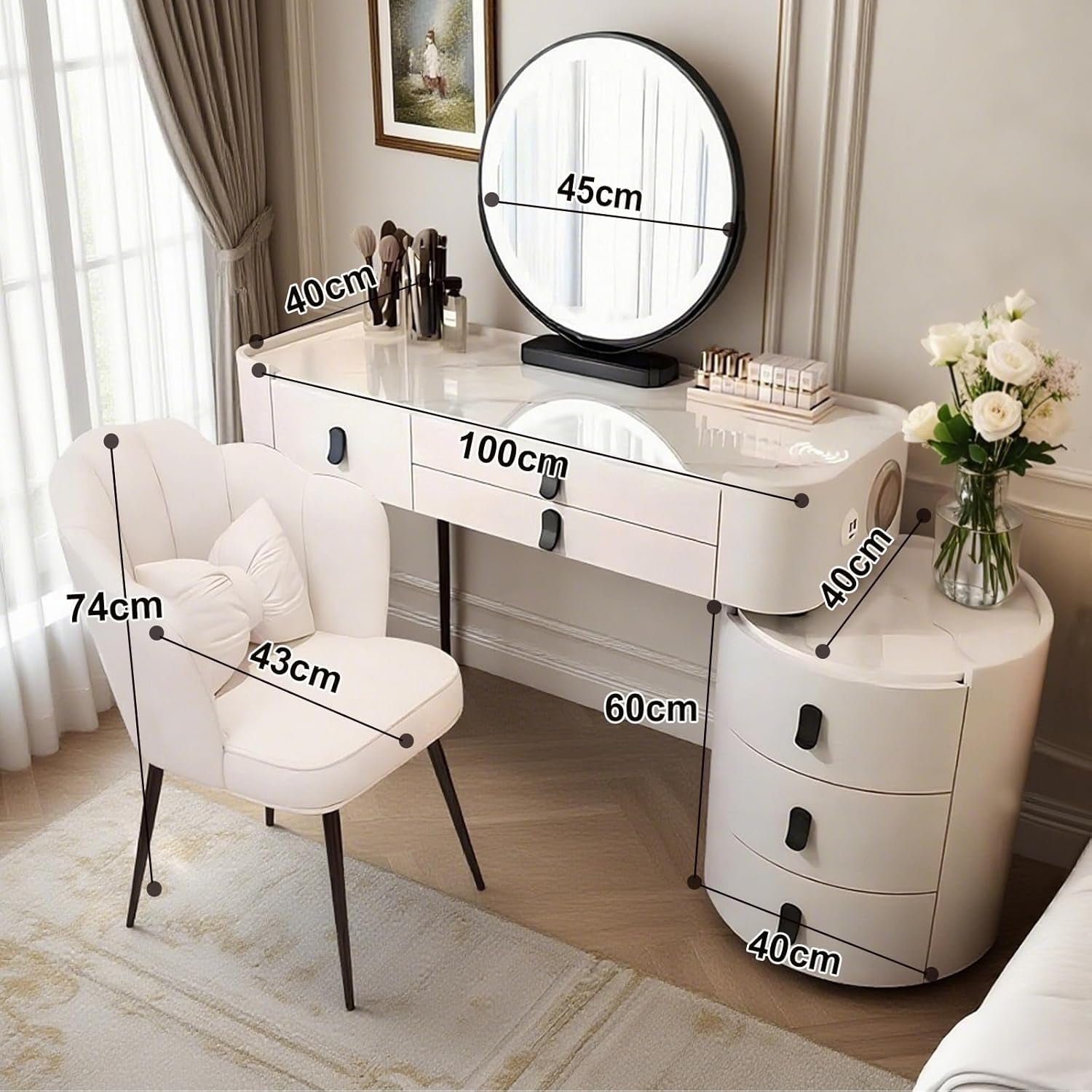 Vanity Dressing Tables with LED Lights, Dressing Table Makeup Desk with Mirror and 5 Drawers, 5 Drawers, Modern Makeup Desk with Bedside Table for Bedroom (White, 100Cm)