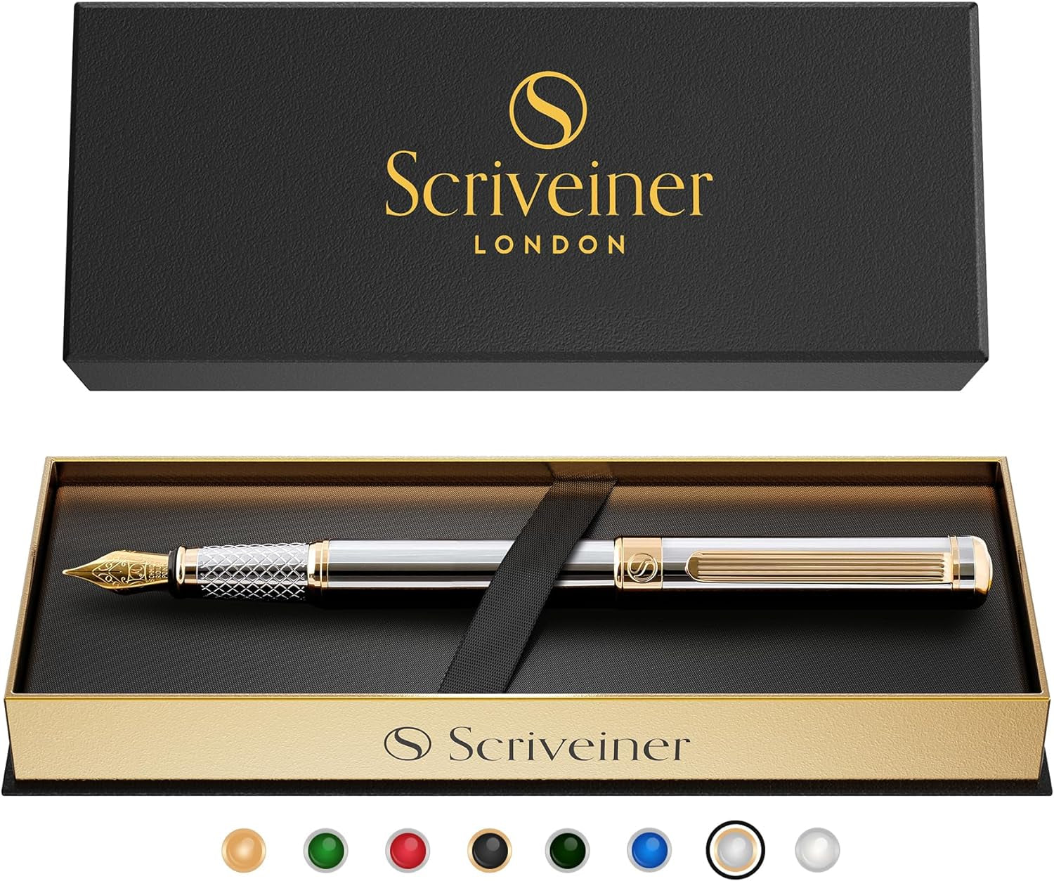 Silver Chrome Fountain Pen - Stunning Luxury Pen, Real Gold Plating, Schmidt Gilded Nib (Medium), Best Pen Gift Set for Men & Women, Professional, Executive Office, Nice Designer Pens