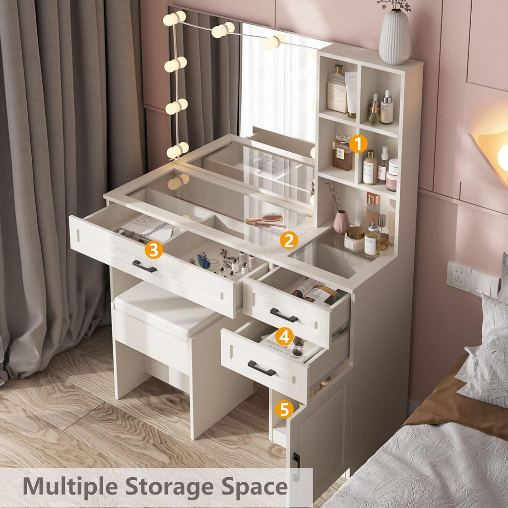 Makeup Vanity Desk with Lighted Mirror and Glass Top, White Vanity Table Set with 3 Drawers, 3 Lighting Colors, Large Dressing Table 45 In(L)