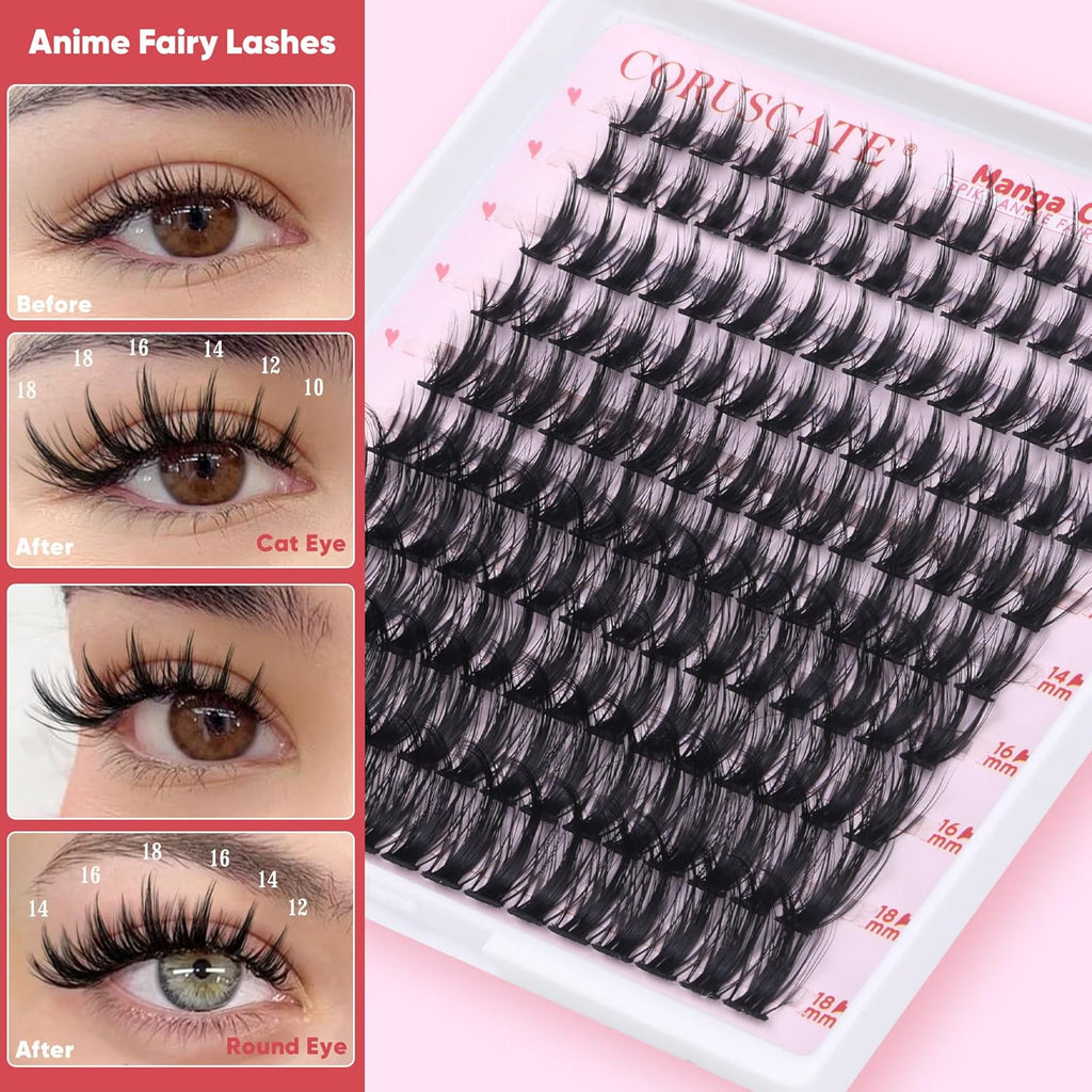 Manga Cluster Lashes Fairy Wispy Individual Eyelashes Anime Lashes Individual Cluster Natural Lash Clusters Asian Style Manhua Eyelash Clusters 10-18 MM DIY Wet Look Lash Extension