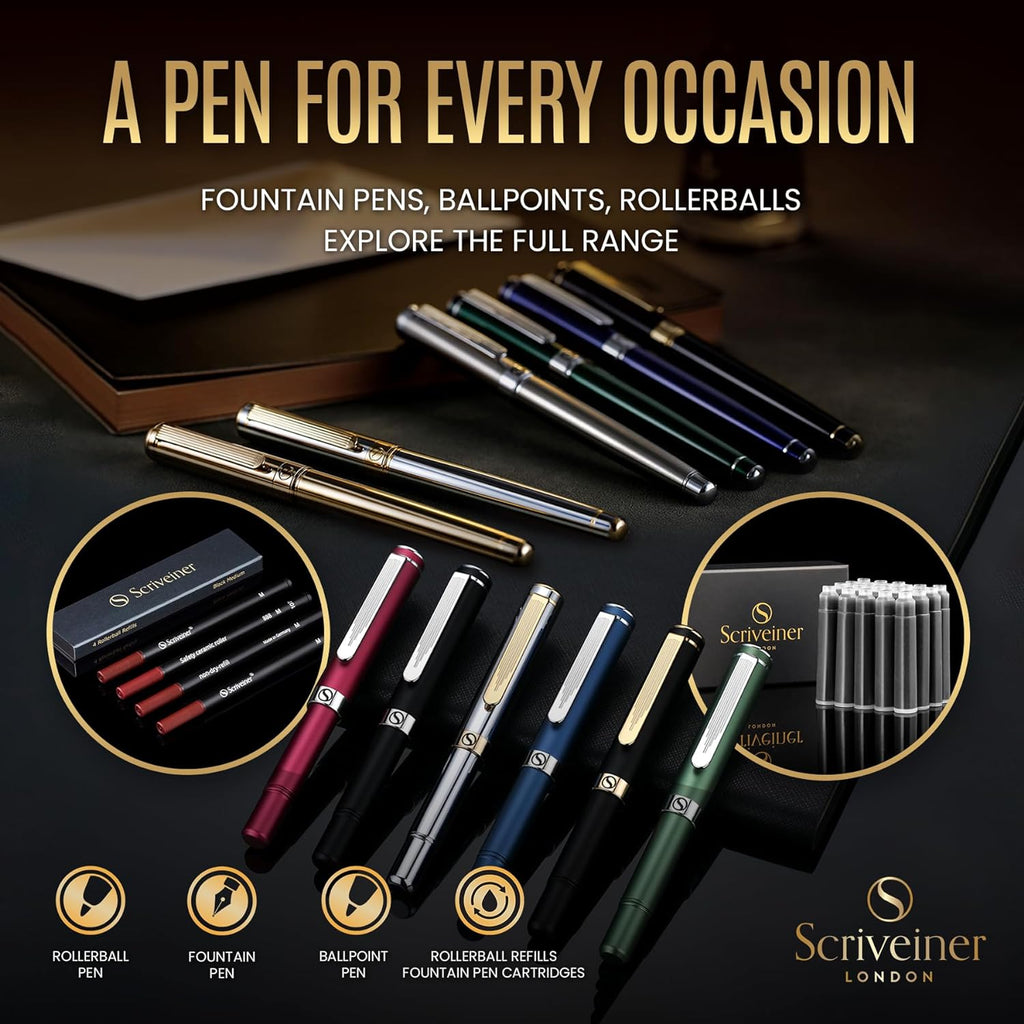 Silver Chrome Fountain Pen - Stunning Luxury Pen, Real Gold Plating, Schmidt Gilded Nib (Medium), Best Pen Gift Set for Men & Women, Professional, Executive Office, Nice Designer Pens