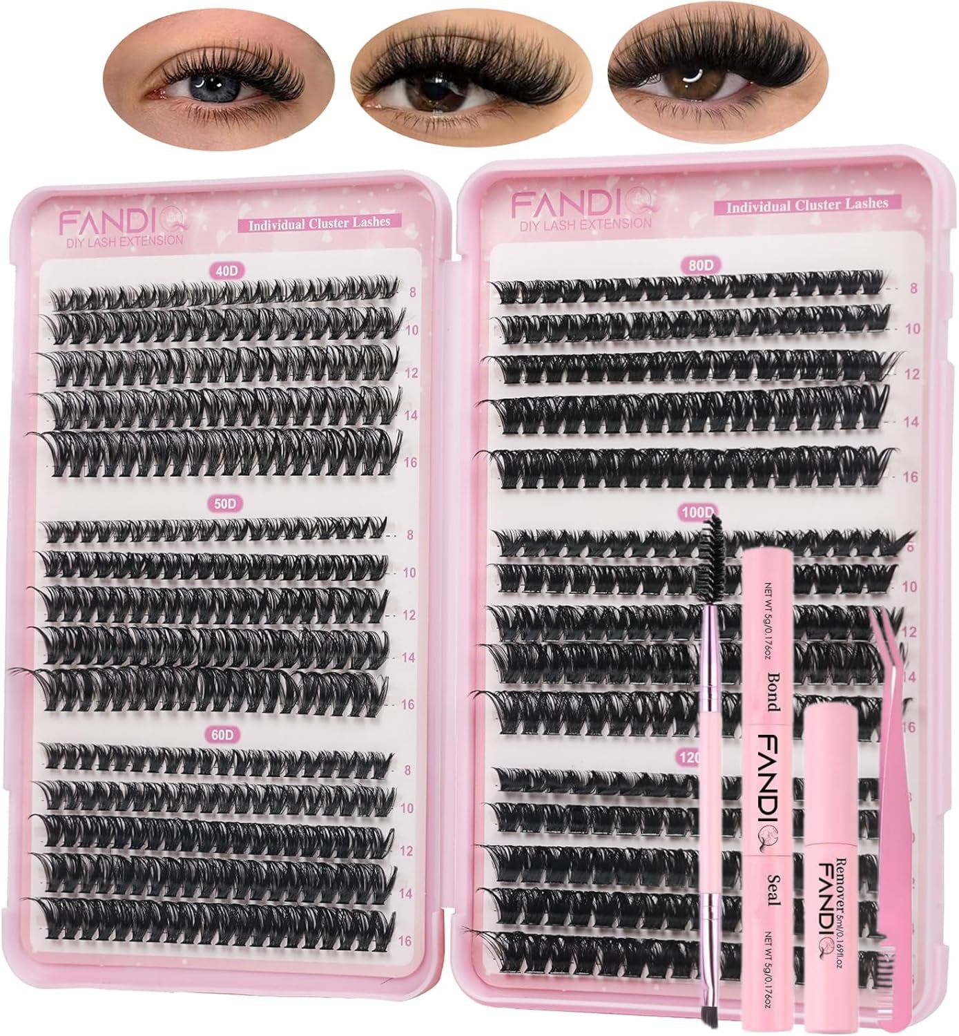 Cluster Lashes Kit with Lash Glue&Remover 40D+50D+60D+80D+100D+120D Fluffy Volume 560Pcs Individual Eyelashes Kit 8-16Mm DIY Eyelash Extension Kit D Curl Strip Eye Lashes Clusters(C04Kit)