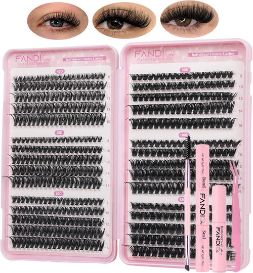 Cluster Lashes Kit with Lash Glue&Remover 40D+50D+60D+80D+100D+120D Fluffy Volume 560Pcs Individual Eyelashes Kit 8-16Mm DIY Eyelash Extension Kit D Curl Strip Eye Lashes Clusters(C04Kit)