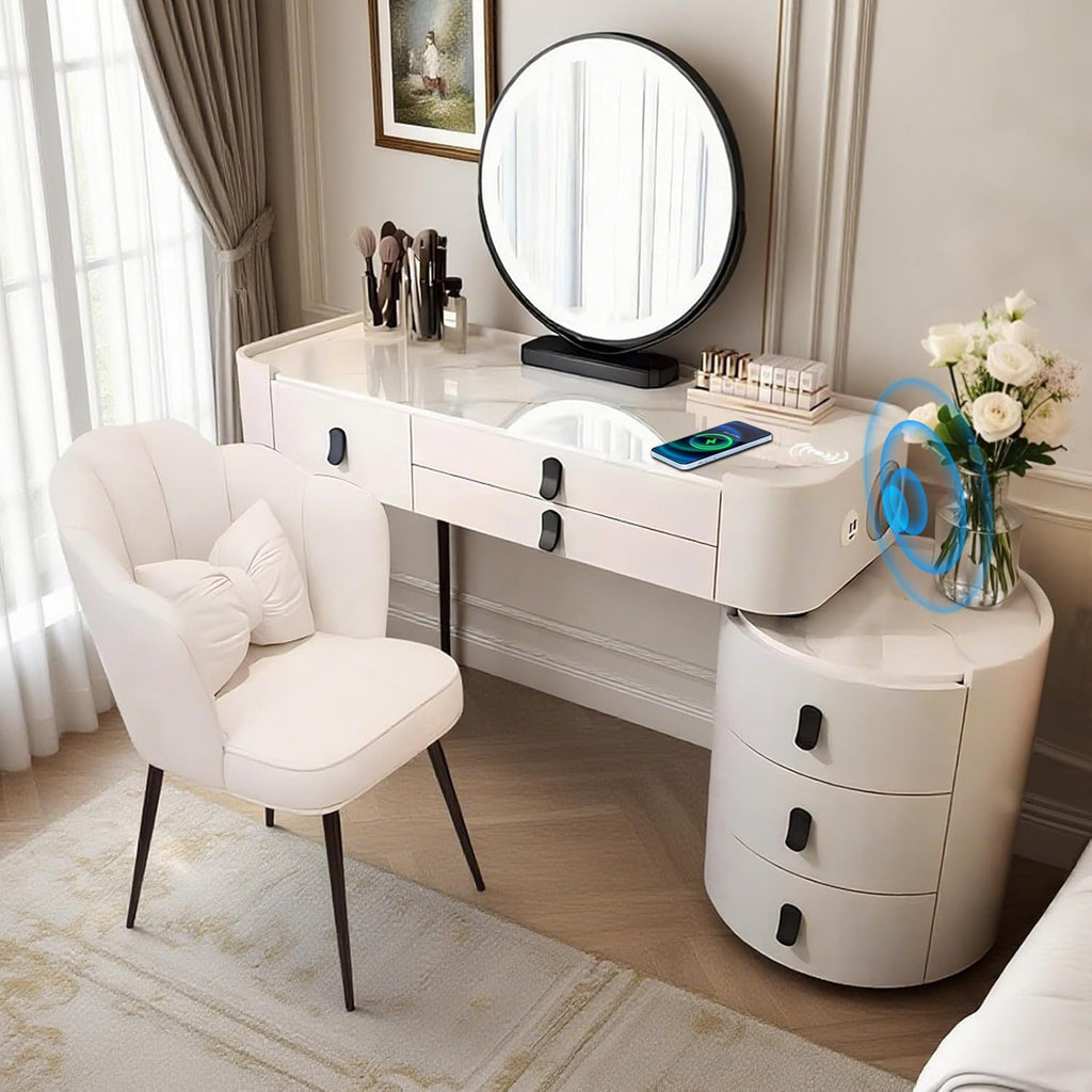 Vanity Dressing Tables with LED Lights, Dressing Table Makeup Desk with Mirror and 5 Drawers, 5 Drawers, Modern Makeup Desk with Bedside Table for Bedroom (White, 100Cm)