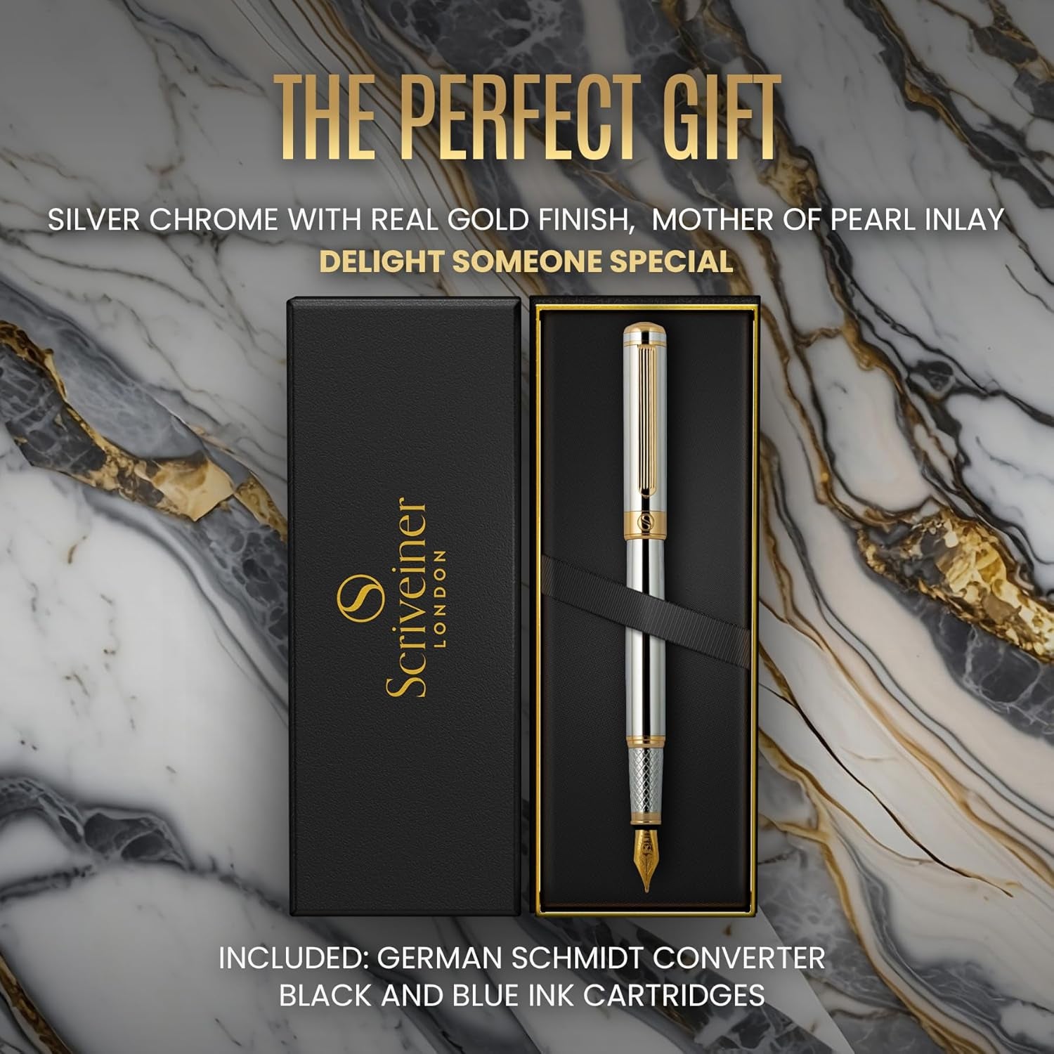 Silver Chrome Fountain Pen - Stunning Luxury Pen, Real Gold Plating, Schmidt Gilded Nib (Medium), Best Pen Gift Set for Men & Women, Professional, Executive Office, Nice Designer Pens