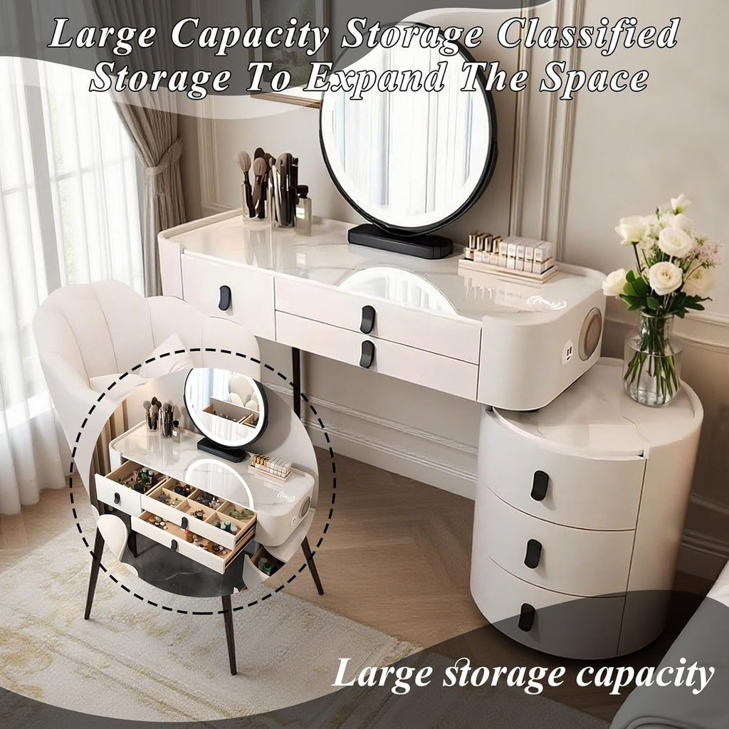 Vanity Dressing Tables with LED Lights, Dressing Table Makeup Desk with Mirror and 5 Drawers, 5 Drawers, Modern Makeup Desk with Bedside Table for Bedroom (White, 100Cm)