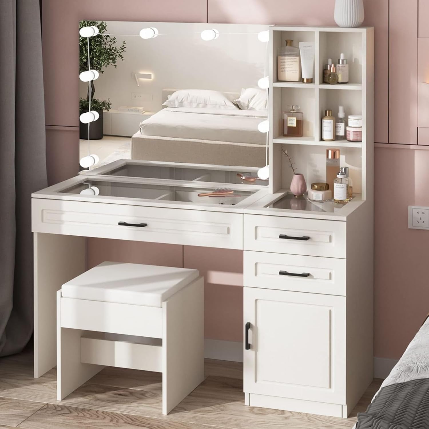 Makeup Vanity Desk with Lighted Mirror and Glass Top, White Vanity Table Set with 3 Drawers, 3 Lighting Colors, Large Dressing Table 45 In(L)