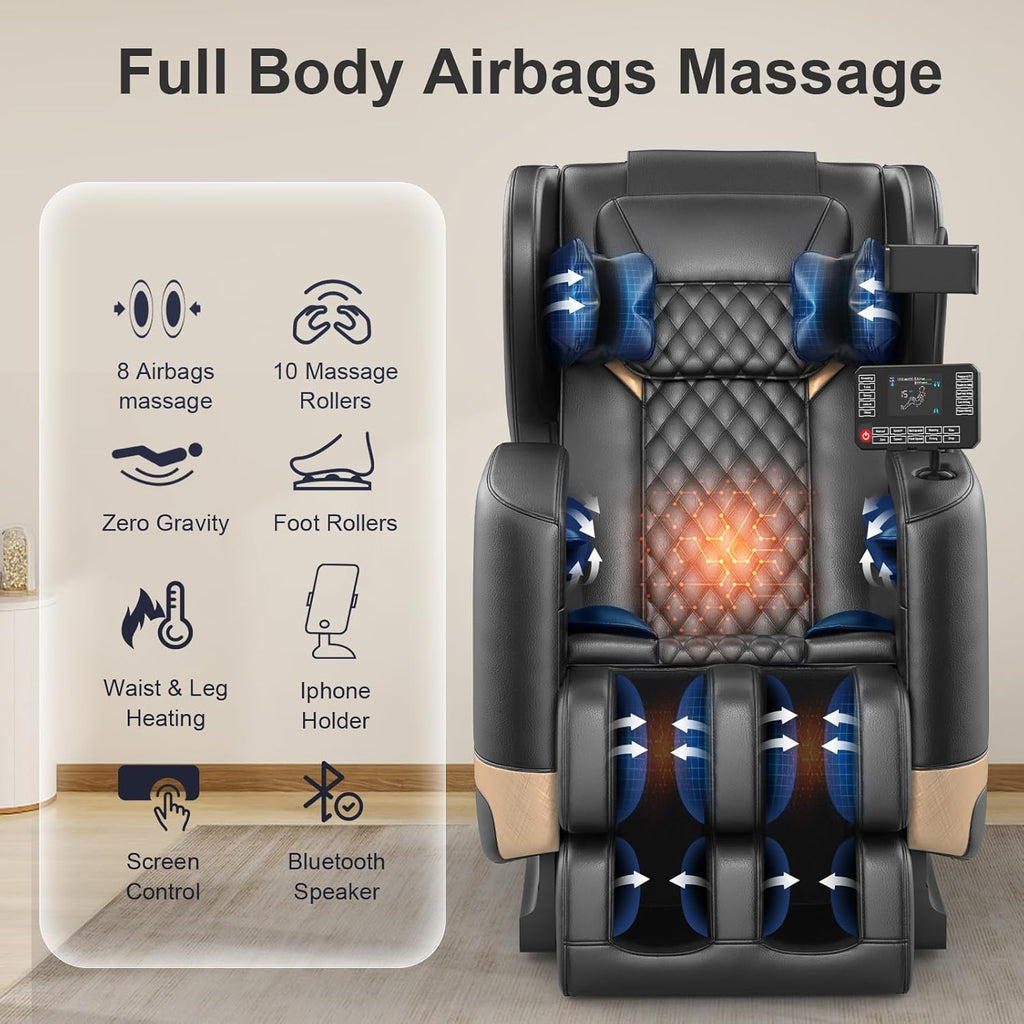 2026 Upgrade Massage Chair, Full Body Massage Chair with 10 Fix Points, Heating, Foot Massage, Auto Modes, Bluetooth Speaker, Touch Screen Controller, Zero Gravity Home Office