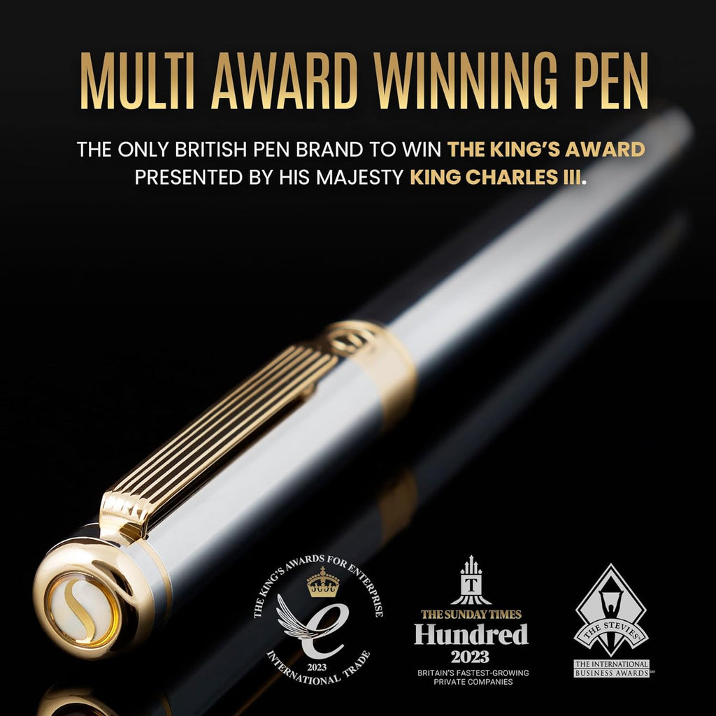 Silver Chrome Fountain Pen - Stunning Luxury Pen, Real Gold Plating, Schmidt Gilded Nib (Medium), Best Pen Gift Set for Men & Women, Professional, Executive Office, Nice Designer Pens