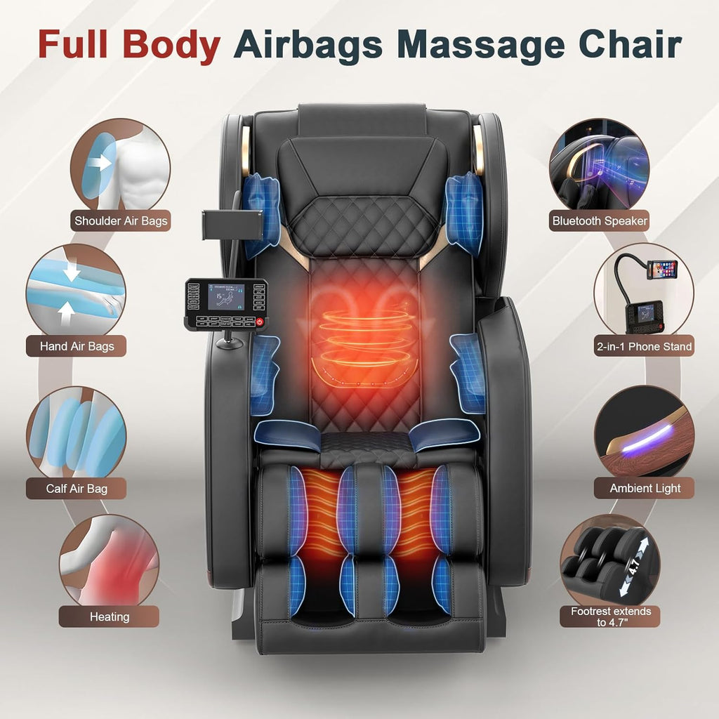 Massage Chair, Zero Gravity Massage Chair Full Body with 14 Fixed Rollers, Back, Waist & Foot Massage, 8 Airbags, Heating, Bluetooth and Control Screen, Wood Grain Leather