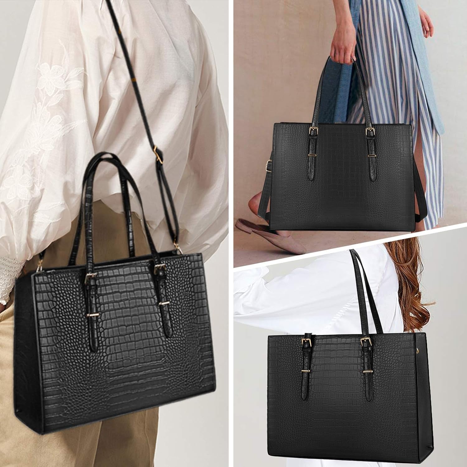 Laptop Bags for Women Tote Bag 15.6 Inch Leather Large Ladies Handbag Work Bag Designer Business Shoulder Shopping Office Bag Black
