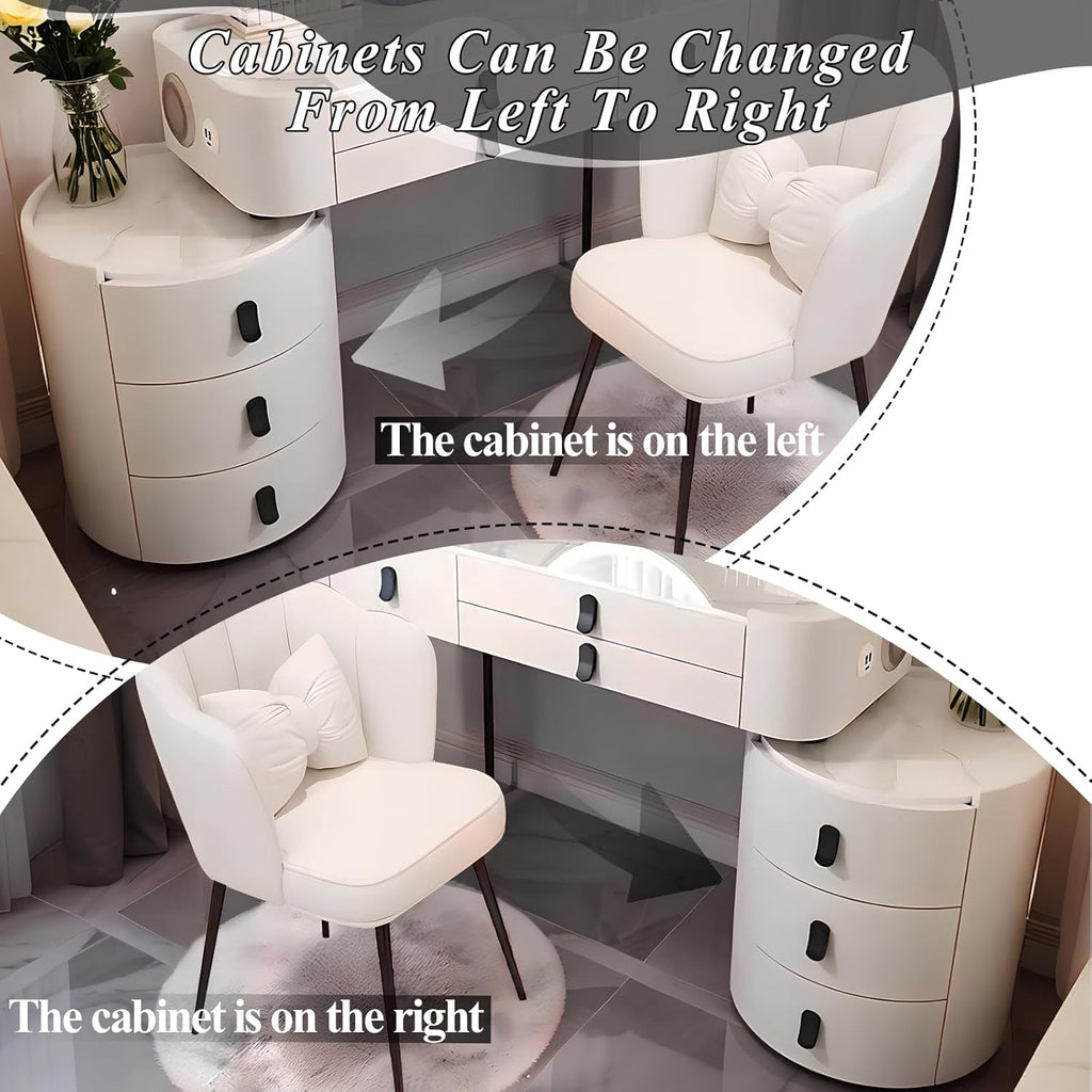 Vanity Dressing Tables with LED Lights, Dressing Table Makeup Desk with Mirror and 5 Drawers, 5 Drawers, Modern Makeup Desk with Bedside Table for Bedroom (White, 100Cm)