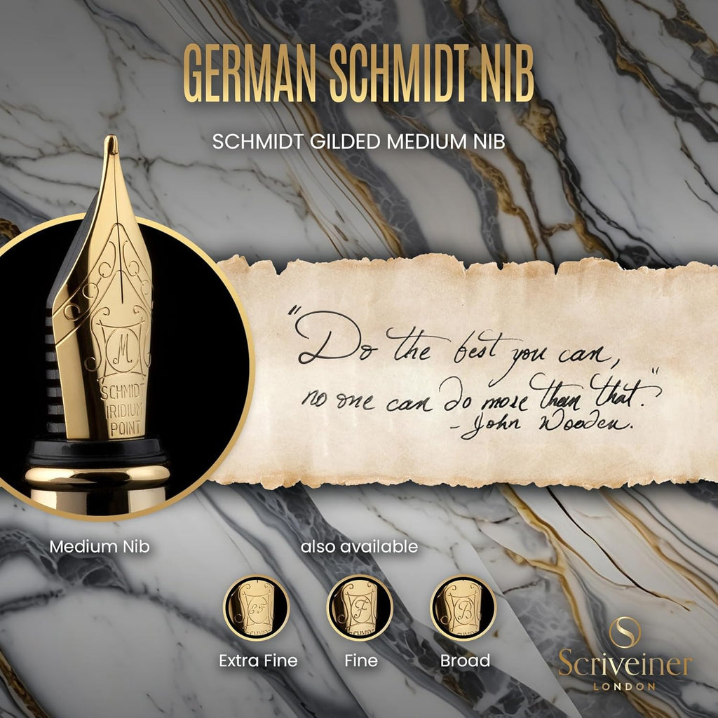 Silver Chrome Fountain Pen - Stunning Luxury Pen, Real Gold Plating, Schmidt Gilded Nib (Medium), Best Pen Gift Set for Men & Women, Professional, Executive Office, Nice Designer Pens