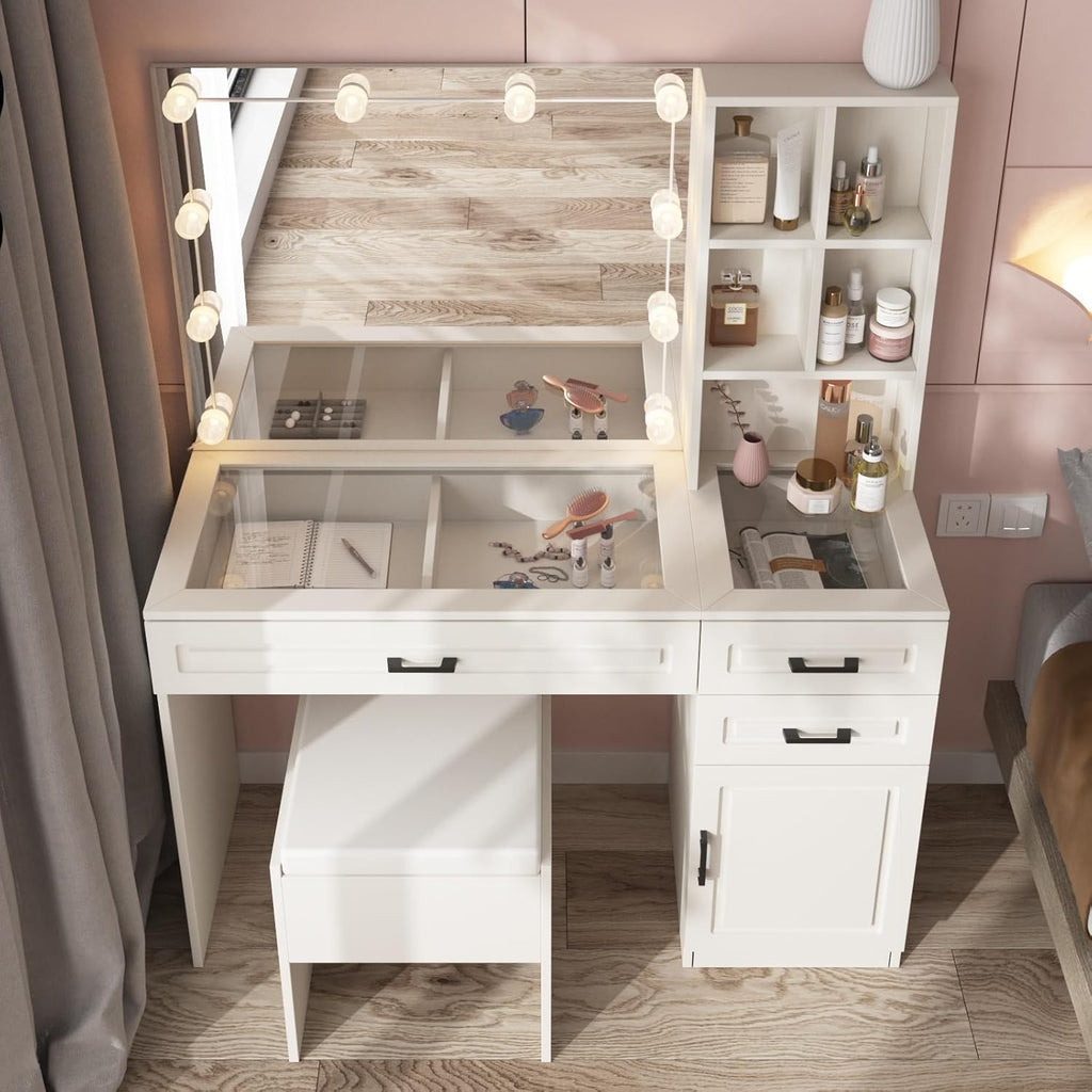 Makeup Vanity Desk with Lighted Mirror and Glass Top, White Vanity Table Set with 3 Drawers, 3 Lighting Colors, Large Dressing Table 45 In(L)