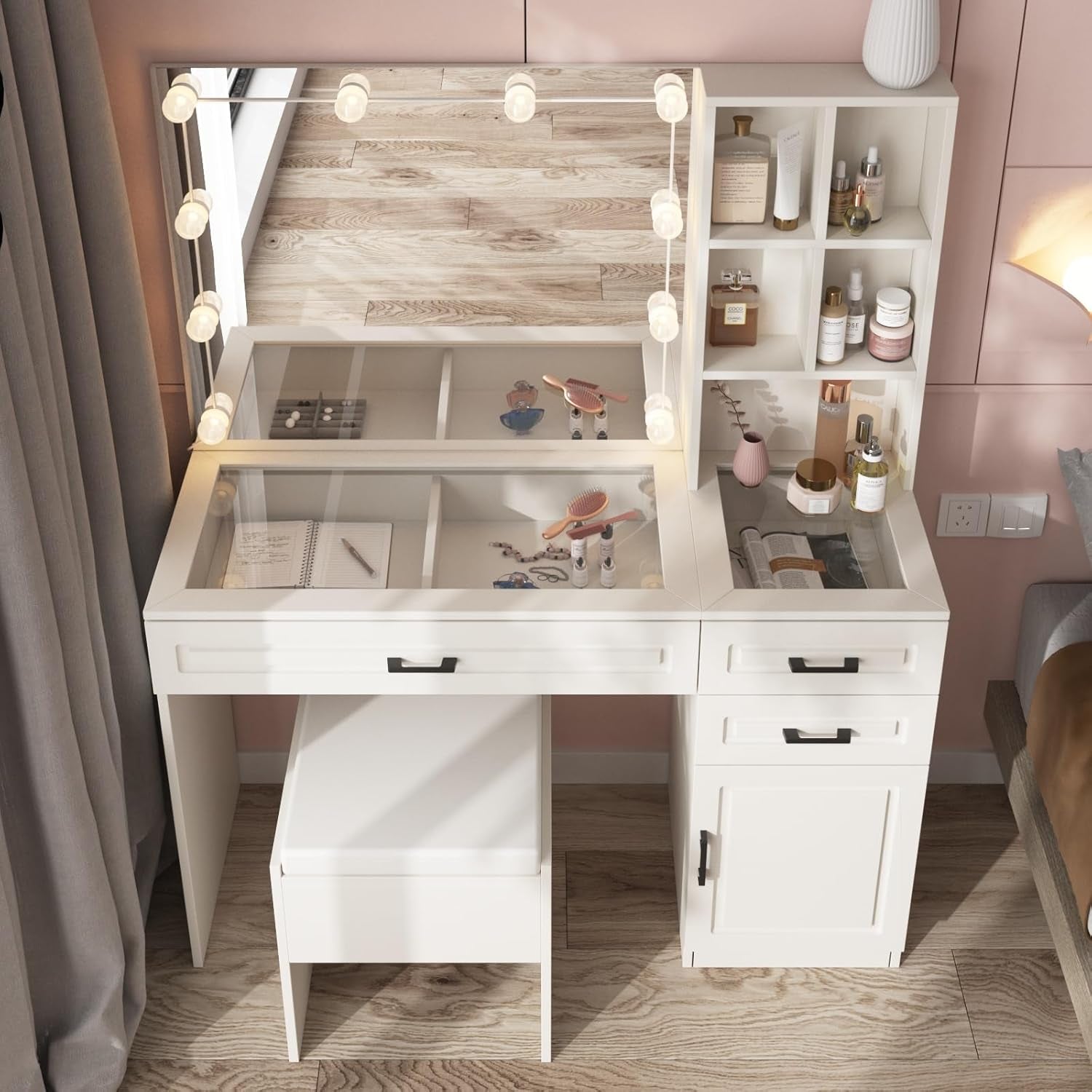 Makeup Vanity Desk with Lighted Mirror and Glass Top, White Vanity Table Set with 3 Drawers, 3 Lighting Colors, Large Dressing Table 45 In(L)