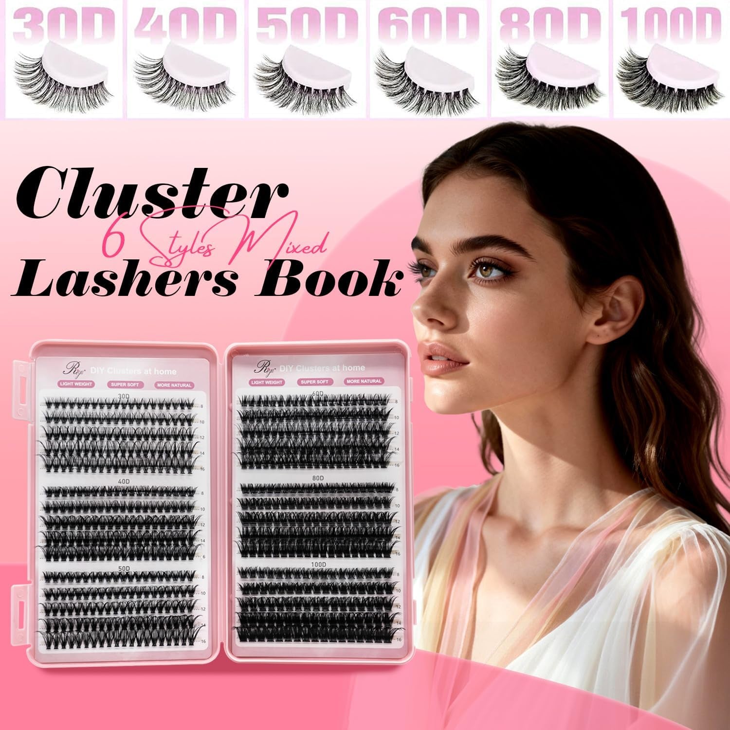 Cluster Lashes Kit 30D-100D 590Pcs Thick Individual Cluster Lashes Book with Eyelash Glue & Seal D Curl Natural Fluffy DIY Lash Extensions for Beginners(30+40+50+60+80+100D Kit)